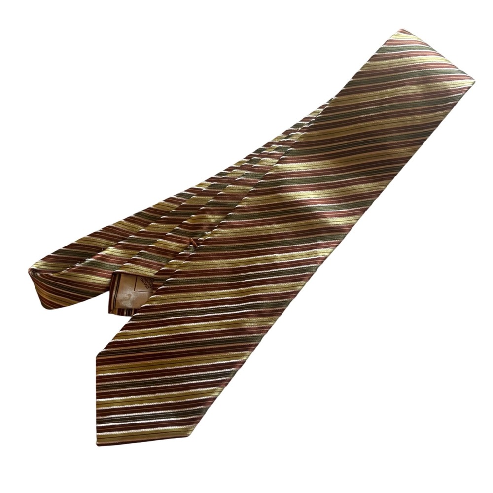 Brioni Mens Silk Tie Brown Gold Green Striped Hand Made in Italy Luxury Necktie